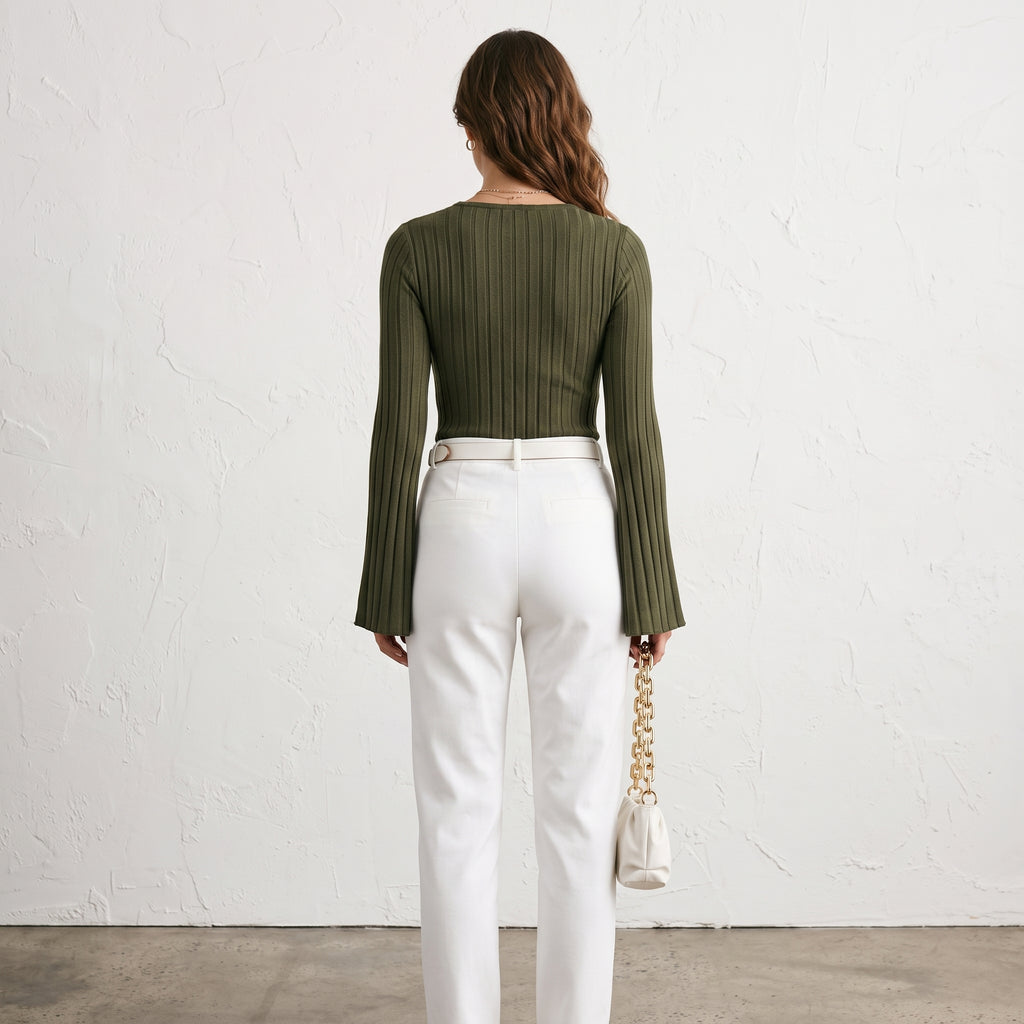 Women's Autumn And Winter Rib Sunken Stripe V-neck Flared Slim-fit Long Sleeve T-shirt Elegant Women's Top