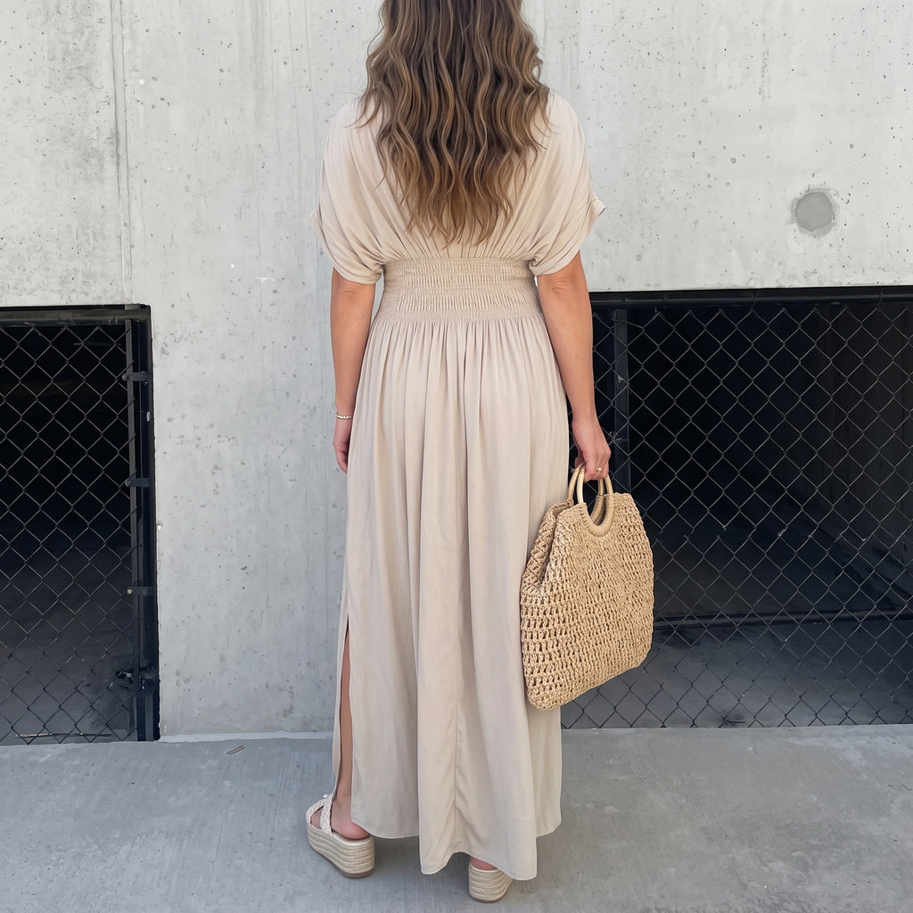 Fashion Bat-sleeved V-neck Slit Dress Summer Short Sleeve Elastic Waist Long Dresses Womens Clothing