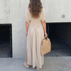 Fashion Bat-sleeved V-neck Slit Dress Summer Short Sleeve Elastic Waist Long Dresses Womens Clothing