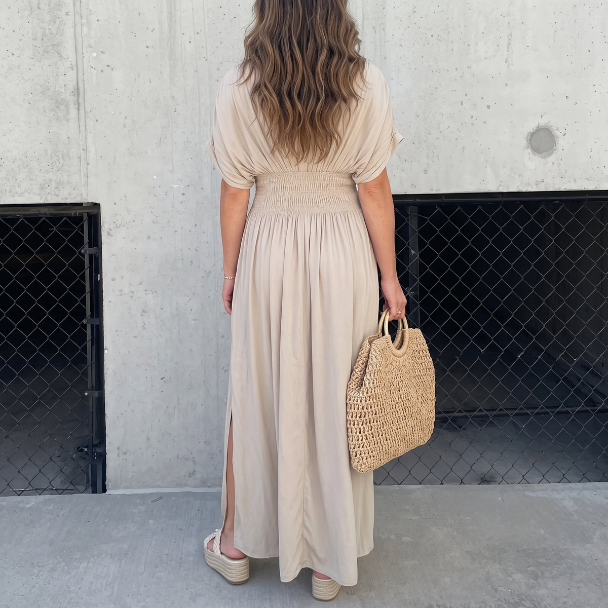 Fashion Bat-sleeved V-neck Slit Dress Summer Short Sleeve Elastic Waist Long Dresses Womens Clothing