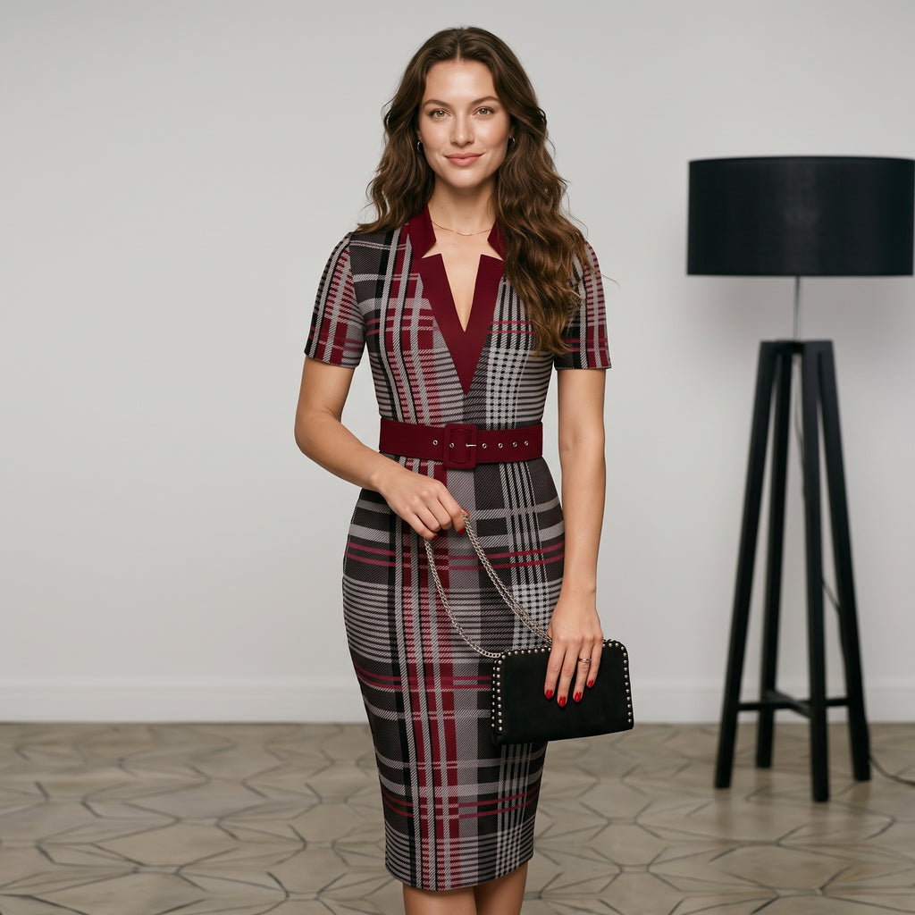 Women's Sexy Geometric Pattern V-Neck Midi Pencil Dress with Belt, Long Sleeve Knit Bodycon Dress, Suitable for All Seasons