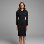 Women's Black Shirt Midi Dress Turn Down Collar Long Sleeve Button Front Slim Fit Formal Elegant Spring Summer Office Work Dress