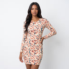 Autumn Women's Casual Round Neck Leaf Print Waist Cinched Long Sleeved Pocket Dress mini Skirt Length