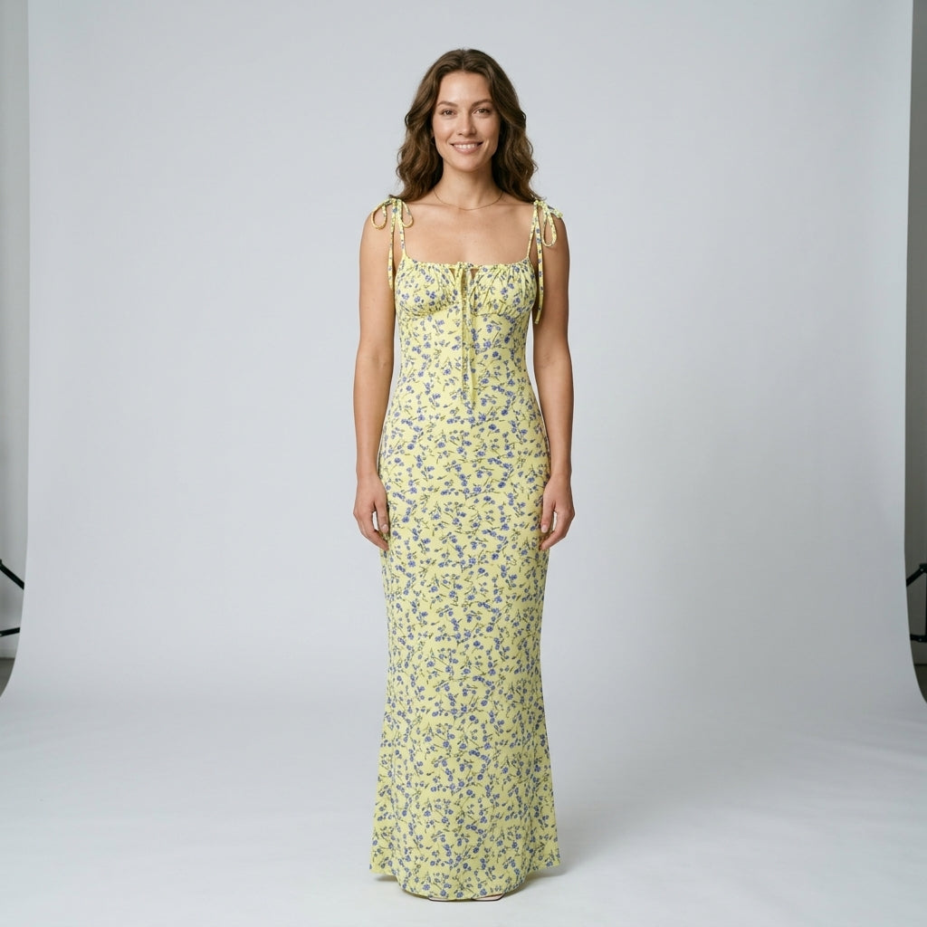 2025 Summer Floral Midi Dress Women Spaghetti Strap Tie-up V-neck Split Dress Sexy Vintage Elegant Dresses Female