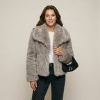 HH Women Fashion Cropped Faux Fur Jacket Coat Long Sleeve Front Snap-button Female Outerwear Chic Lapel Collar Thick Coat