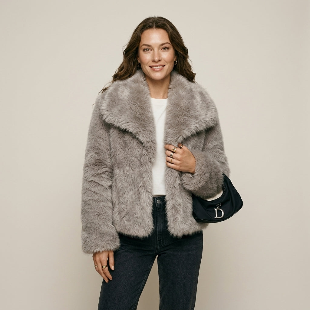 HH Women Fashion Cropped Faux Fur Jacket Coat Long Sleeve Front Snap-button Female Outerwear Chic Lapel Collar Thick Coat