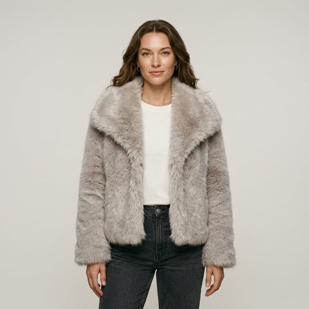 HH Women Fashion Cropped Faux Fur Jacket Coat Long Sleeve Front Snap-button Female Outerwear Chic Lapel Collar Thick Coat