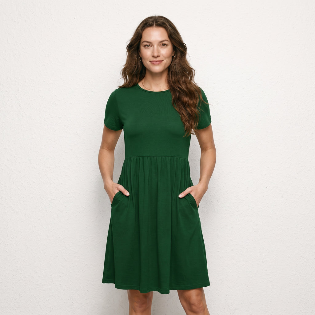 Elastic Waist Short Sleeve Dress Knitted Round Neck Short Sleeve Dress