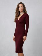 Autumn Winter Elegant Wrap Deep V Neck Folds Bodycon Dress Women Sexy Solid Color Long Sleeves Skinny Dress Club Party Vestidos