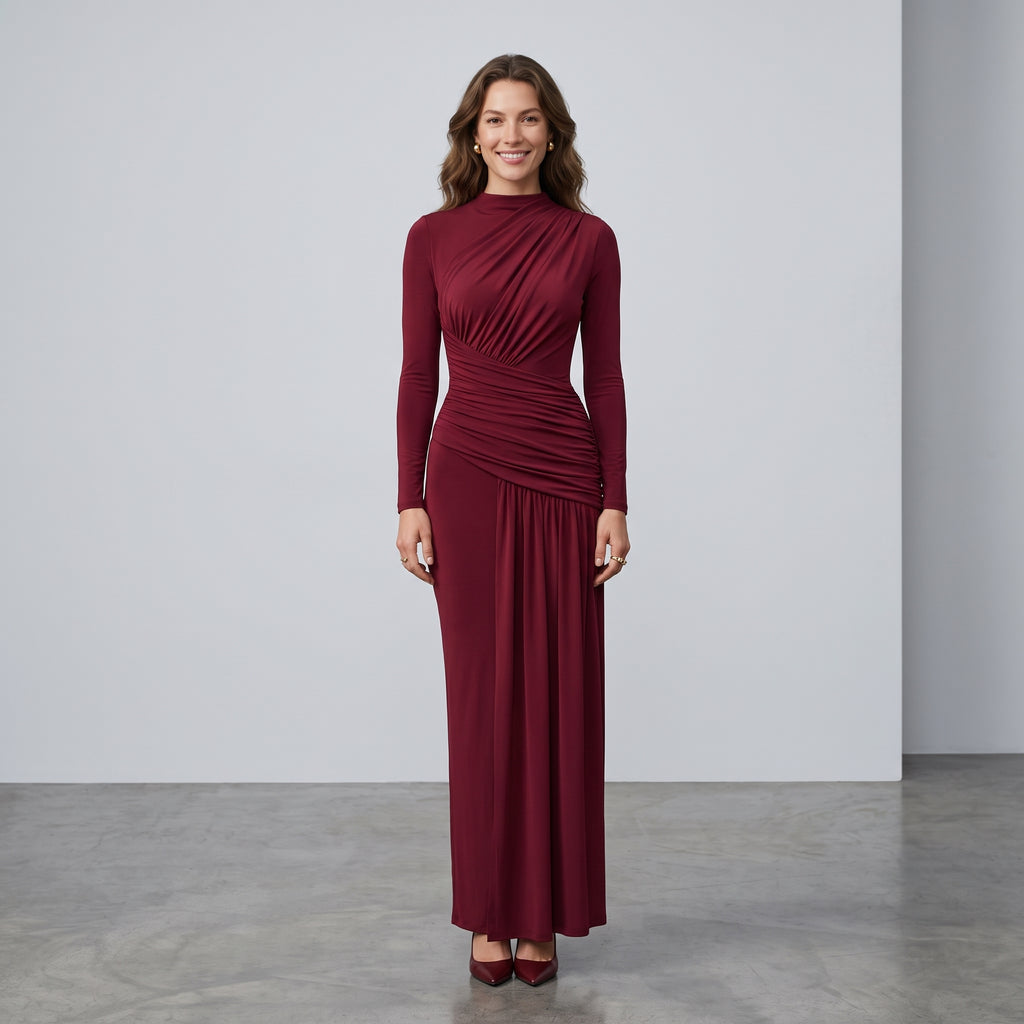 Sisterlinda Folds Maxi Dress Women O-Neck Full Sleeve Solid Banquet Elegant Vacation Fashion Autumn Skinny Casual Simple Vestido