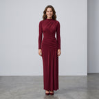 Sisterlinda Folds Maxi Dress Women O-Neck Full Sleeve Solid Banquet Elegant Vacation Fashion Autumn Skinny Casual Simple Vestido