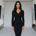 YuooMuoo Autumn Winter 2025 Women Dress Elegant Cross V-neck Slim Waist Knitted Bodycon Dress Korean Office Lady Vestidos