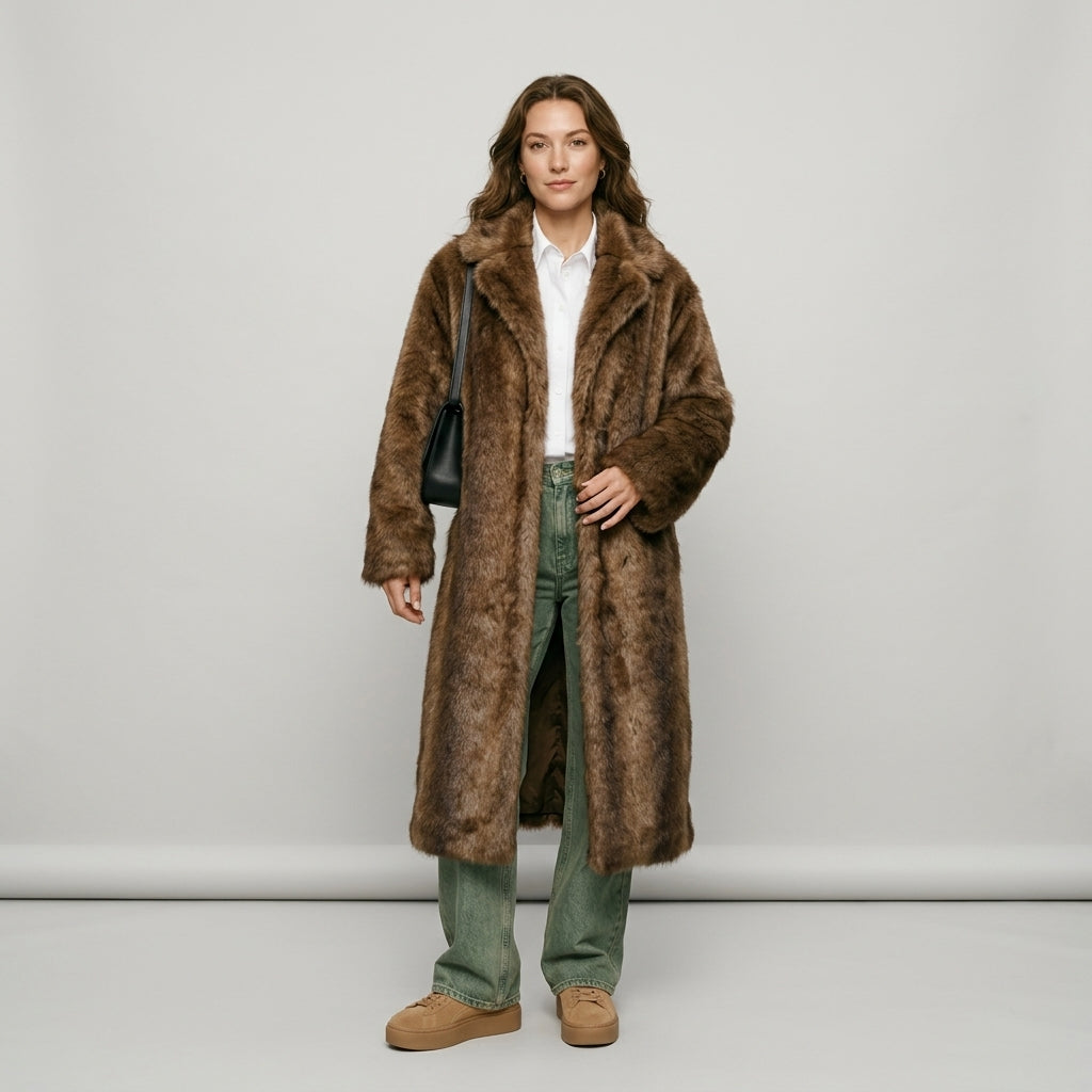 Women's Dark Brown Faux Fur Long Overcoat Single Breasted Fleece Long Trench Coat Winter Fluffy Plush Warm New Thicken Outerwear