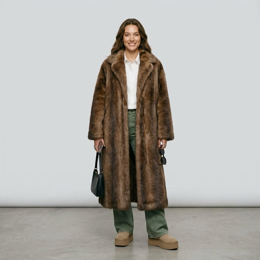 Women's Dark Brown Faux Fur Long Overcoat Single Breasted Fleece Long Trench Coat Winter Fluffy Plush Warm New Thicken Outerwear