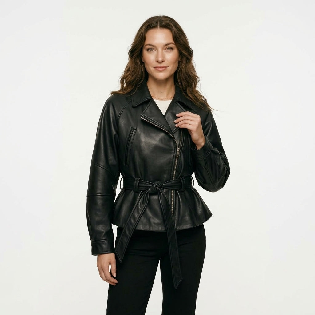 HH Women Fashion Black Short Faux Leather Trench Coat Long Sleeve Lapel Jacket With Belt Vintage Lady Motorcycle Jacket Outwear