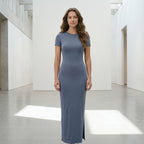 2026 Spring Summer European American Women's Solid Color Slim Fit Waist Hugging Elegant Short Sleeve Fashion Dress