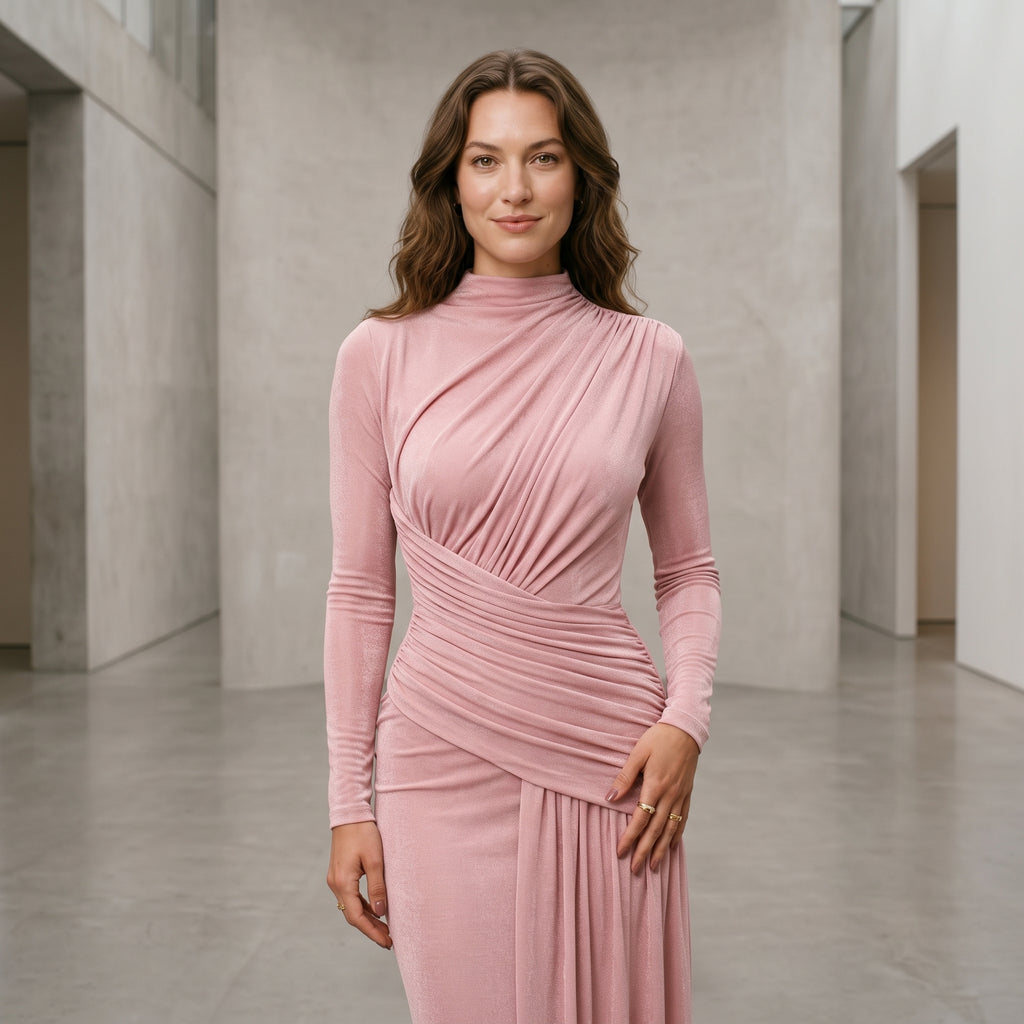 Sisterlinda Folds Maxi Dress Women O-Neck Full Sleeve Solid Banquet Elegant Vacation Fashion Autumn Skinny Casual Simple Vestido