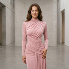 Sisterlinda Folds Maxi Dress Women O-Neck Full Sleeve Solid Banquet Elegant Vacation Fashion Autumn Skinny Casual Simple Vestido