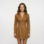 2025 New Arrival Women's Camel Suede Collared V-Neck Long Sleeve Slim A-Line Mini Dress Autumn Winter Daily Date Office