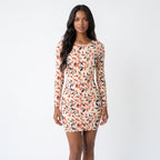 Autumn Women's Casual Round Neck Leaf Print Waist Cinched Long Sleeved Pocket Dress mini Skirt Length