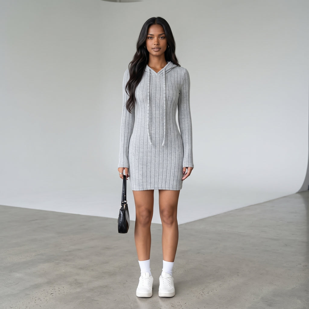 Trendy Ribbed Knitted Hooded Slim Fit Dress with Drawstring - Comfortable Casual Style for Women
