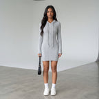 Trendy Ribbed Knitted Hooded Slim Fit Dress with Drawstring - Comfortable Casual Style for Women