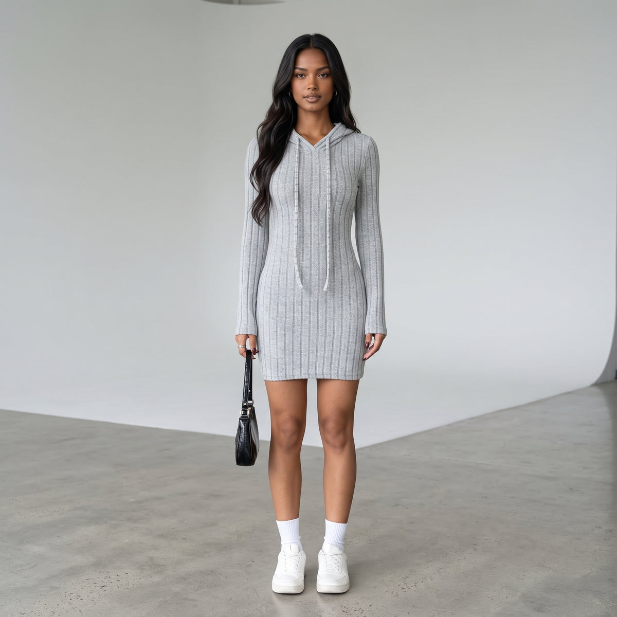 Trendy Ribbed Knitted Hooded Slim Fit Dress with Drawstring - Comfortable Casual Style for Women