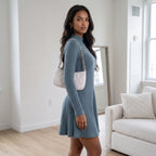 Women's Slim Fit Half High Collar Waist Cinched A-Line Skirt Long Sleeved Pit Stripe Dress
