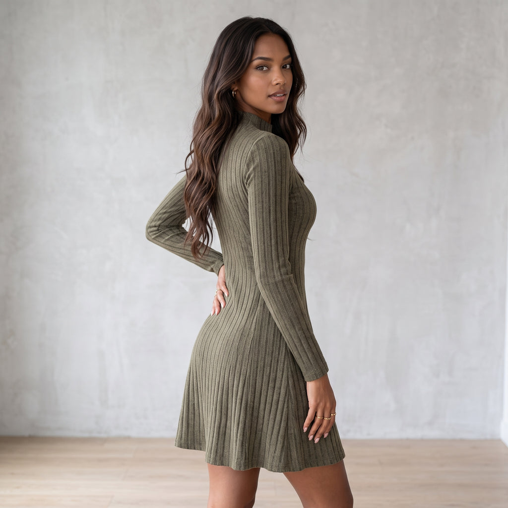 Women's Slim Fit Half High Collar Waist Cinched A-Line Skirt Long Sleeved Pit Stripe Dress