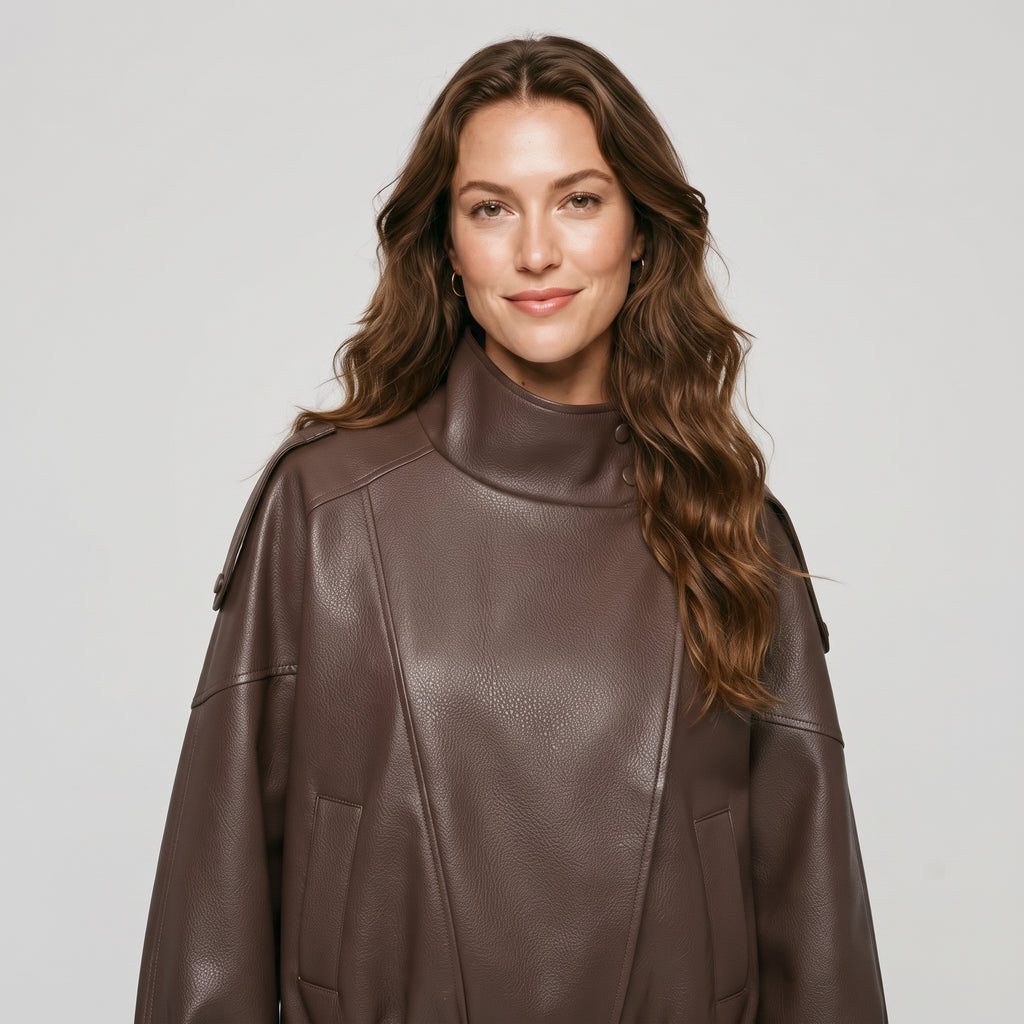 KONDALA Casual Chic Black Leather Jackets Women Long Sleeve Buttons Elastic Oversized Coats Fashion 2026 Spring Streetwear Coats