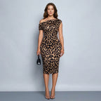 Women's Leopard Print Dress Casual Elegant One Collar Waist Short Sleeved Long Skirt Fashionable Casual Wear