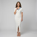 YuooMuoo Women Dress Chic Fashion Notched Rib Knitted Long Dress Office Lady Single-breasted Package Hips Sweater Dress Vestidos