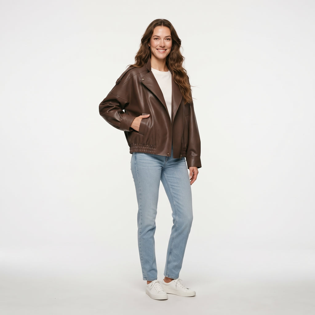 KONDALA Casual Chic Black Leather Jackets Women Long Sleeve Buttons Elastic Oversized Coats Fashion 2026 Spring Streetwear Coats