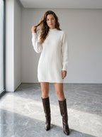Women's Casual Solid-Color Stand-Collar Loose-Fit Knit Patchwork Dress, Belt Not Included, Fall/Winter Women's Apparel
