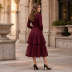 Women Elegant Long Sleeve Midi Dress, Crew Neck High Waist Tiered Lace Ruffle A‑Line Cocktail Party Dress Formal Wedding Guest Evening Dresses