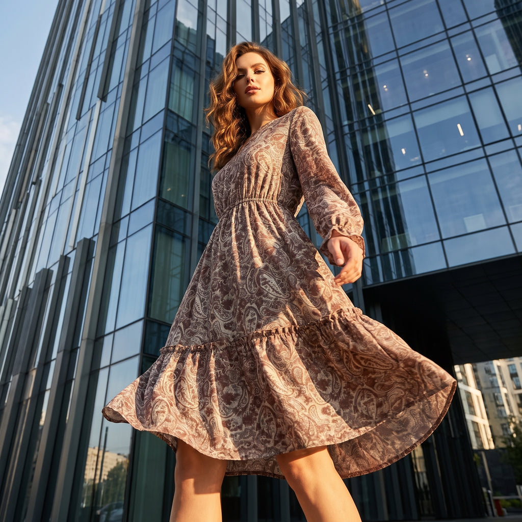Casual minimalist paisley elegant women's midi dress, bohemian style dress for autumn and winter, daily casual style
