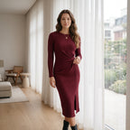 Women's Solid Color Round Neck Belted Slit Hem Midi Dress Casual Long Sleeve Shift Office Autumn