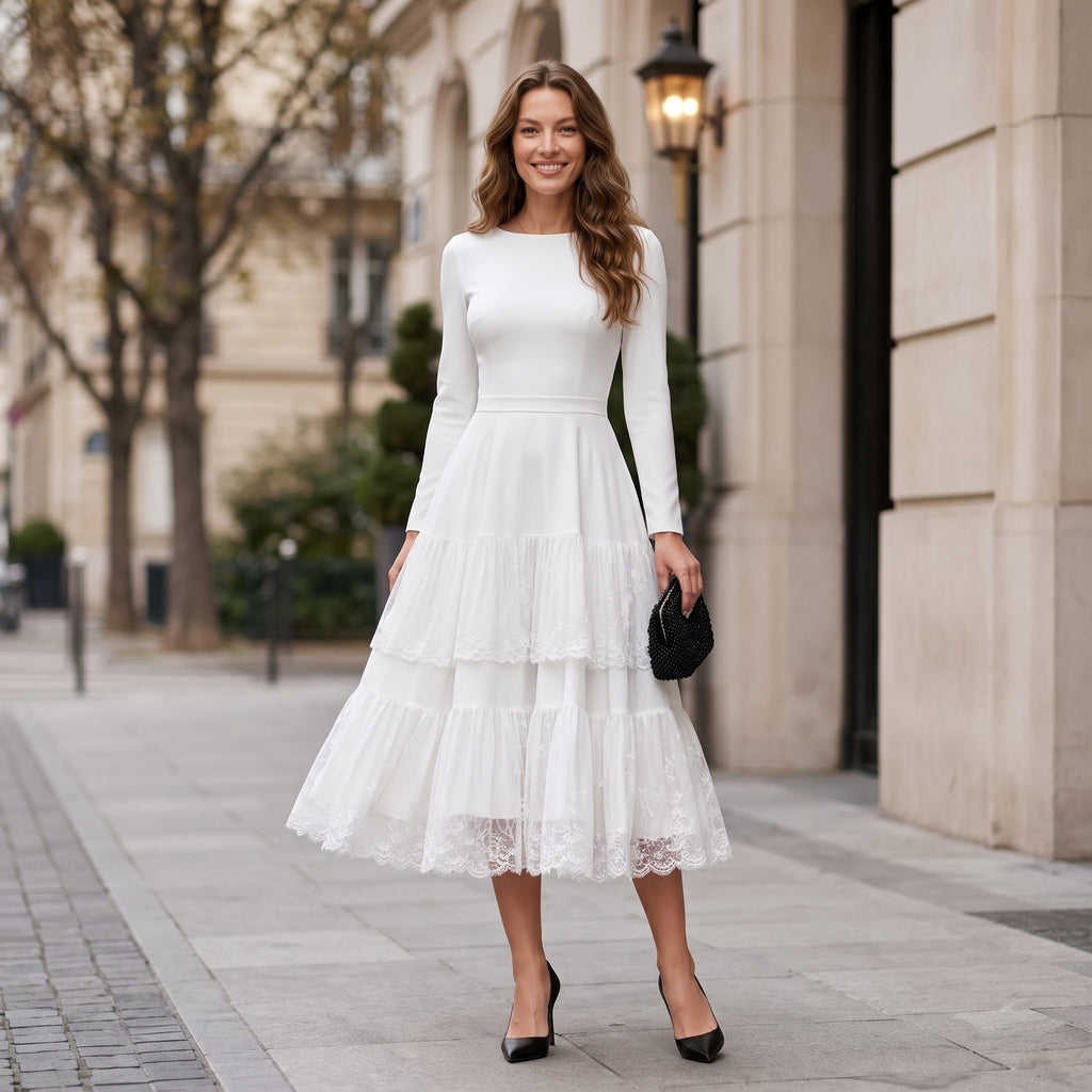 Women Elegant Long Sleeve Midi Dress, Crew Neck High Waist Tiered Lace Ruffle A‑Line Cocktail Party Dress Formal Wedding Guest Evening Dresses