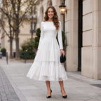 Women Elegant Long Sleeve Midi Dress, Crew Neck High Waist Tiered Lace Ruffle A‑Line Cocktail Party Dress Formal Wedding Guest Evening Dresses
