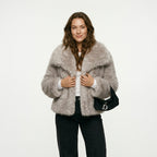 HH Women Fashion Cropped Faux Fur Jacket Coat Long Sleeve Front Snap-button Female Outerwear Chic Lapel Collar Thick Coat