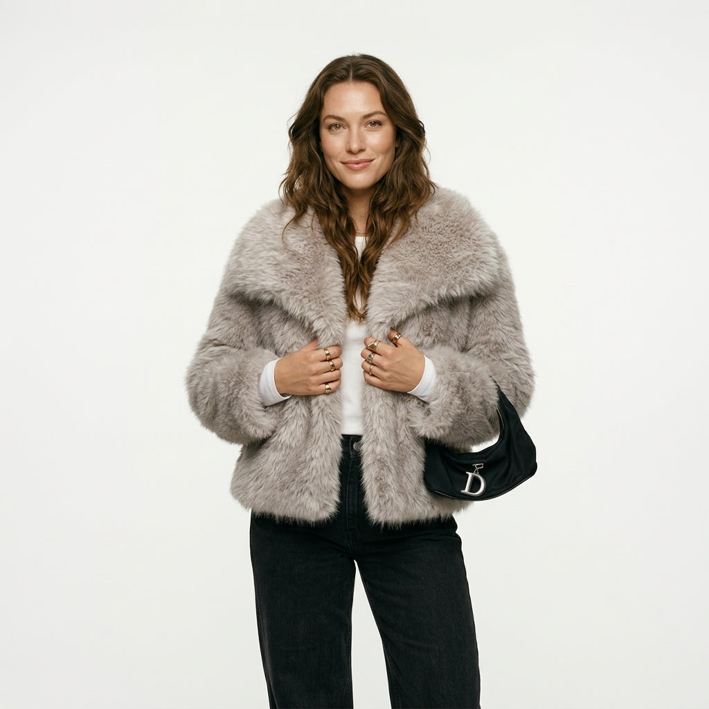 HH Women Fashion Cropped Faux Fur Jacket Coat Long Sleeve Front Snap-button Female Outerwear Chic Lapel Collar Thick Coat