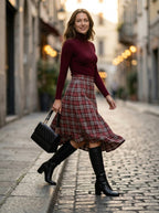 Women's Retro Plaid 2-Piece Set – Ribbed Knit Top & Midi Skirt