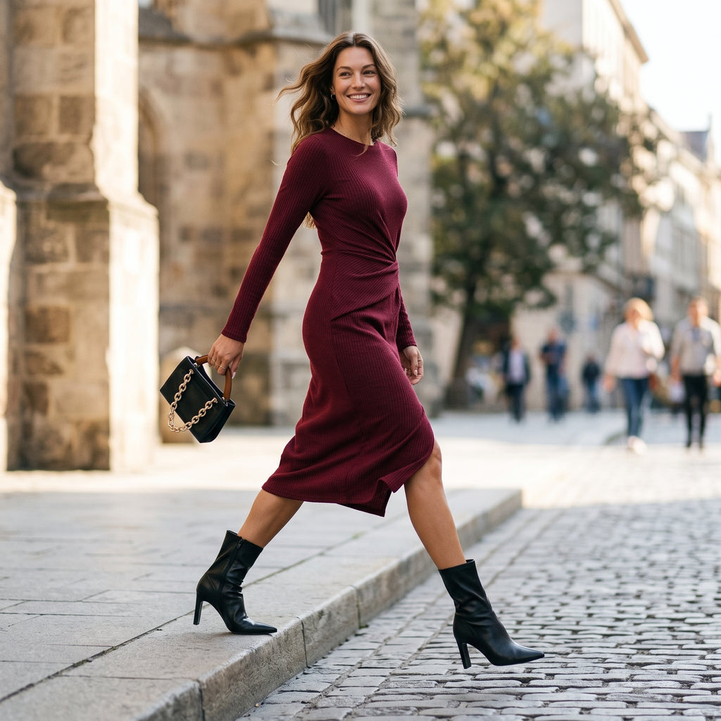 Women's Solid Color Round Neck Belted Slit Hem Midi Dress Casual Long Sleeve Shift Office Autumn