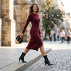 Women's Solid Color Round Neck Belted Slit Hem Midi Dress Casual Long Sleeve Shift Office Autumn