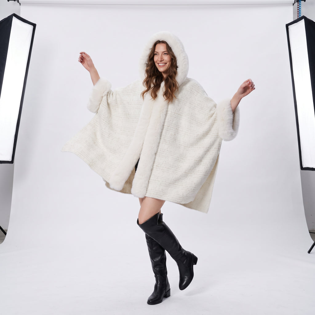 Warm Fur Collar Cardigan Mid-length Loose Thick Coat Dress And Cheongsam All-match Hooded Fur Shawl