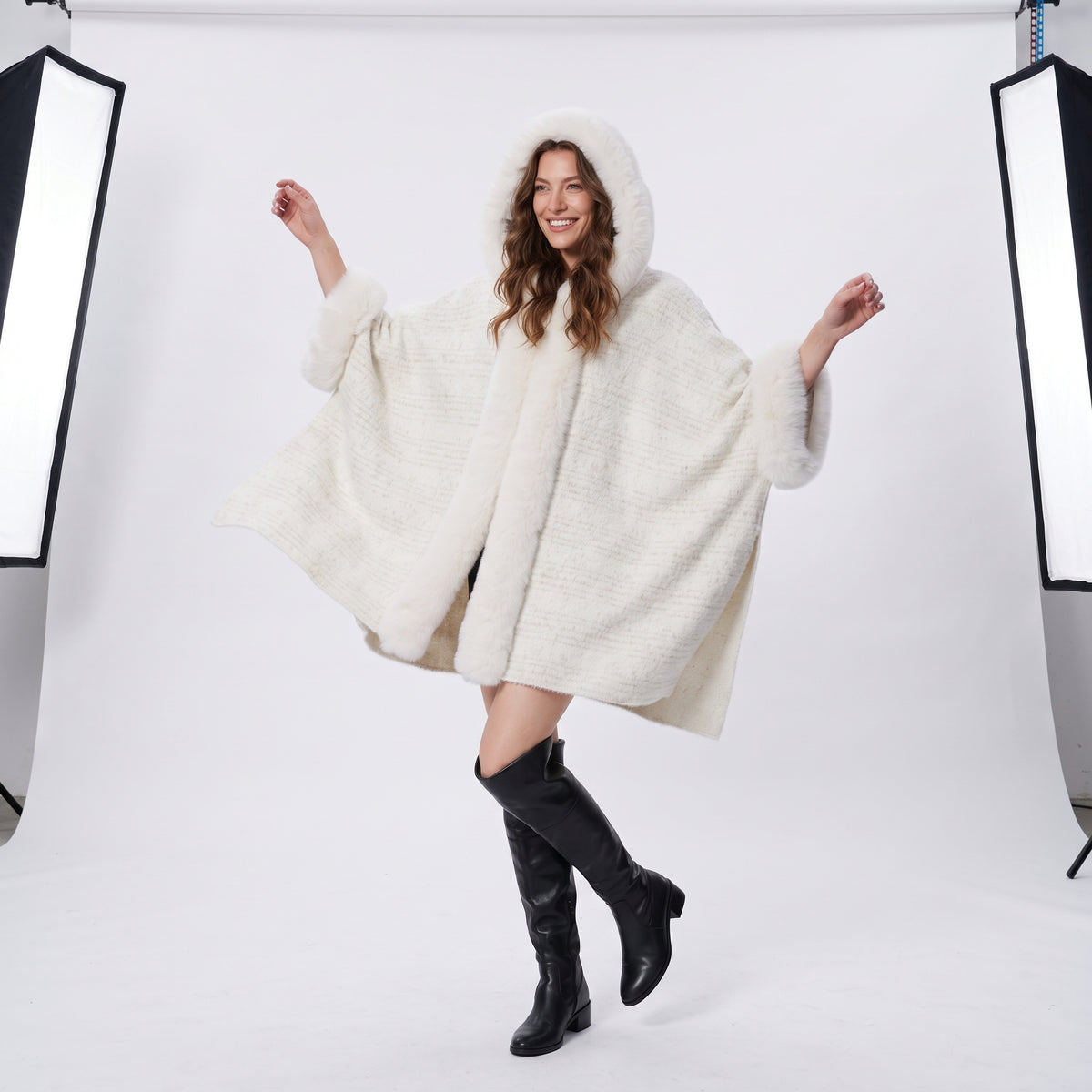 Warm Fur Collar Cardigan Mid-length Loose Thick Coat Dress And Cheongsam All-match Hooded Fur Shawl