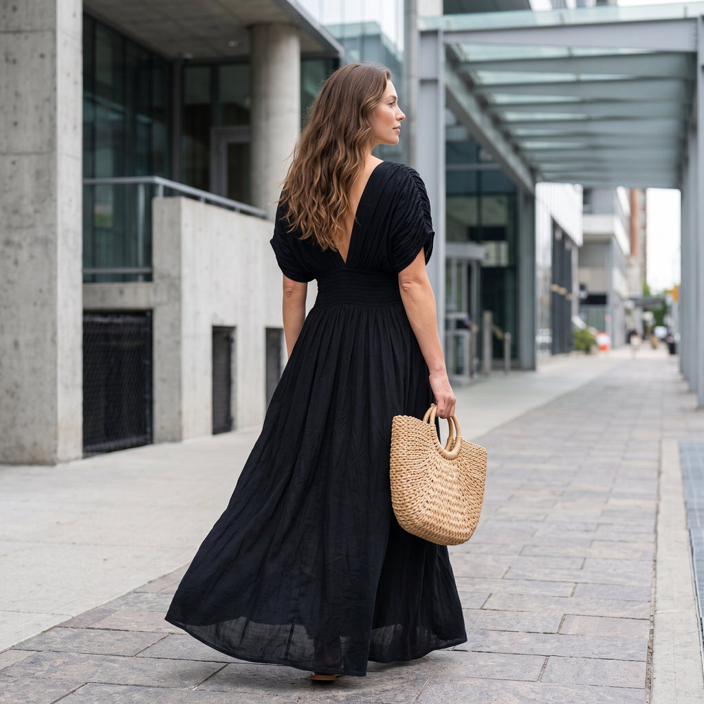 Fashion Bat-sleeved V-neck Slit Dress Summer Short Sleeve Elastic Waist Long Dresses Womens Clothing