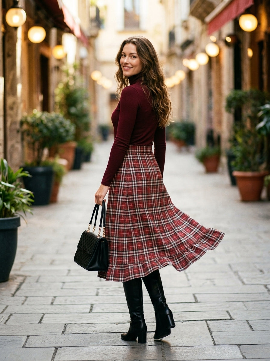 Women's Retro Plaid 2-Piece Set – Ribbed Knit Top & Midi Skirt
