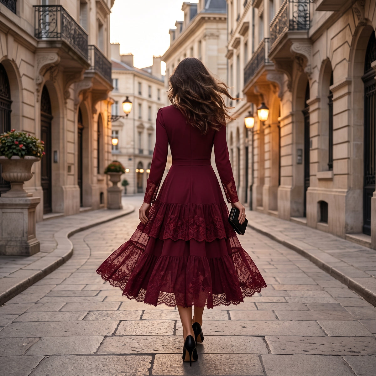 Women Elegant Long Sleeve Midi Dress, Crew Neck High Waist Tiered Lace Ruffle A‑Line Cocktail Party Dress Formal Wedding Guest Evening Dresses