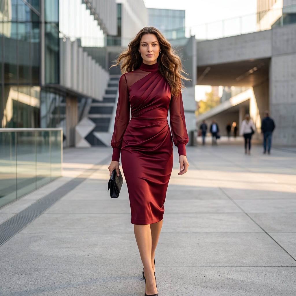 Women Mock Neck Mesh Long Sleeve Midi Dress Asymmetric Ruched Waist Slim Bodycon Elegant Wedding